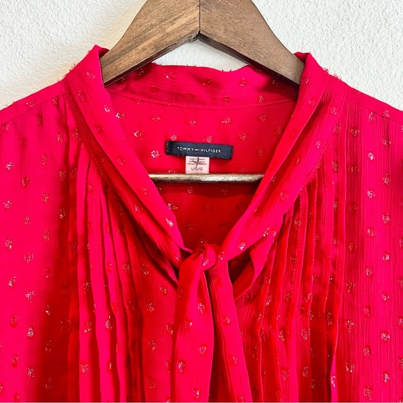 Tommy Hilfiger Red Clip Dot Pleated Tie Neck Blouse Large Holiday Work Top - Picture 4 of 12